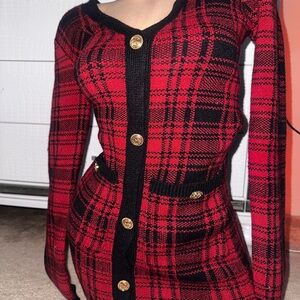 Fashion Nova Red and Black Plaid Long Sleeve Dress